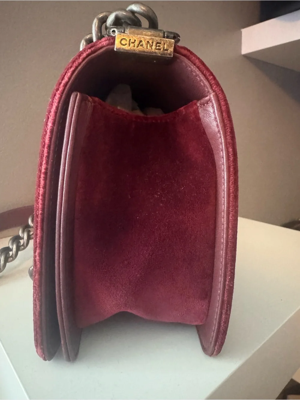 Chanel Velvet Tweed Quilted Medium Boy Flap Burgundy